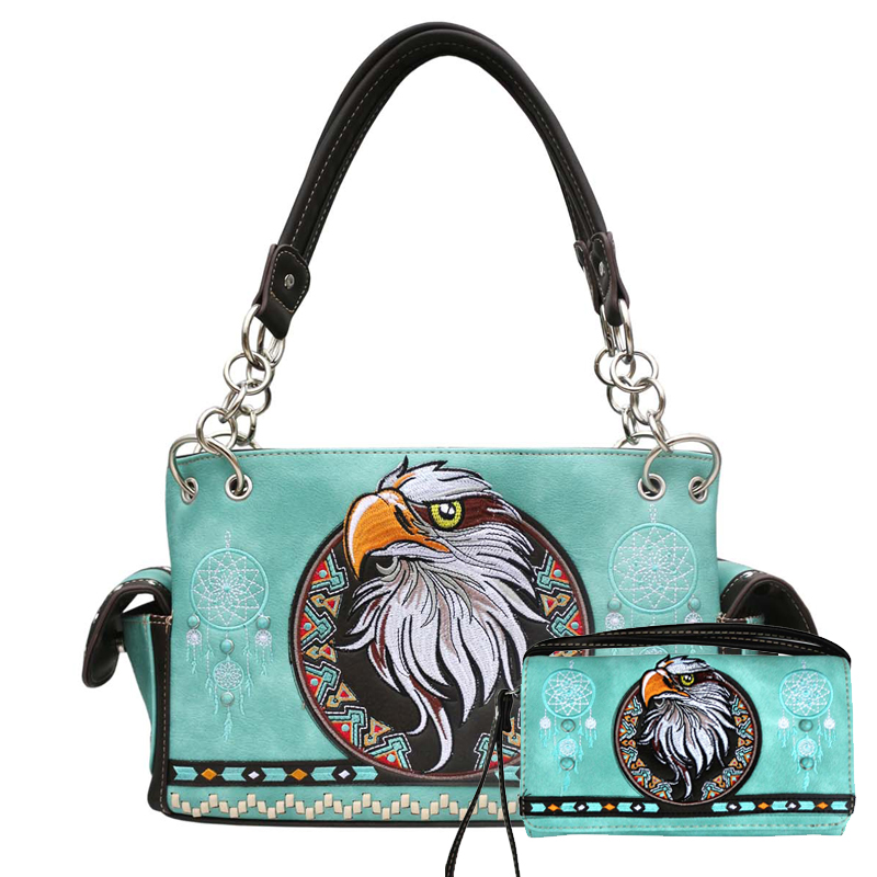 Teal Premium Eagle Embroidery Concealed Handbag Set - G939W221 - Click Image to Close